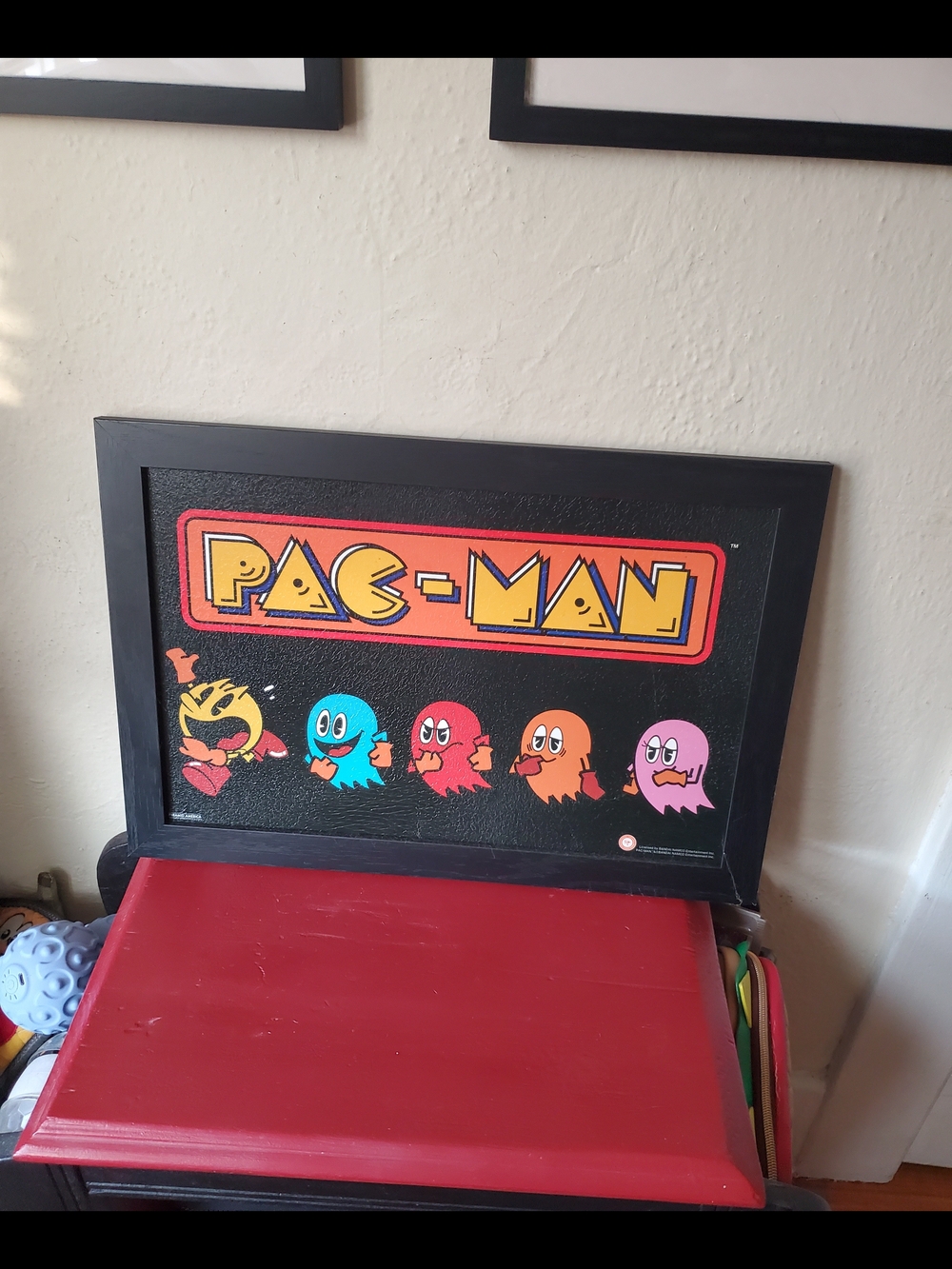 Retro Pac-Man Framed Wall Art - Black with Multicolor Ghosts
